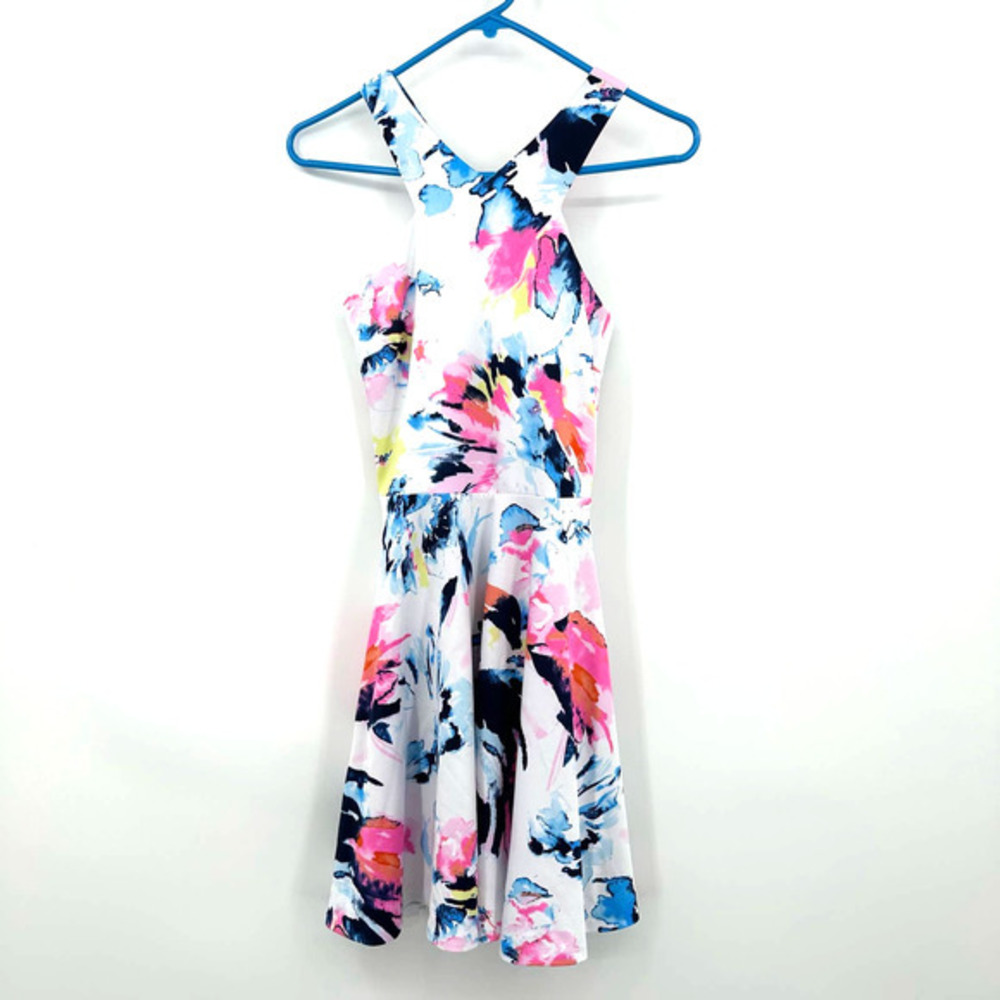 Aqua size medium sleeveless mini dress white pink yellow blue floral‎
